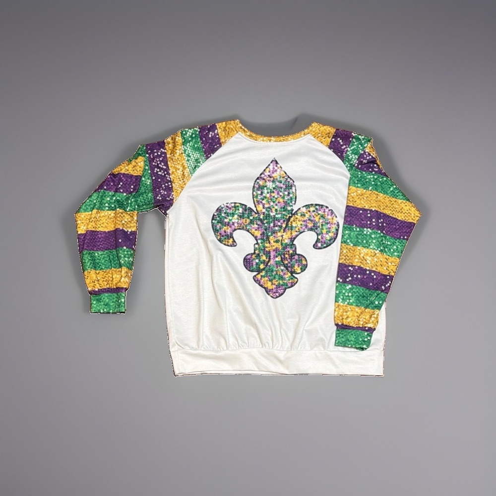 Mardi Gras Crew Neck Women Long Sleeve Carnival Lafleur Shirt White Size M